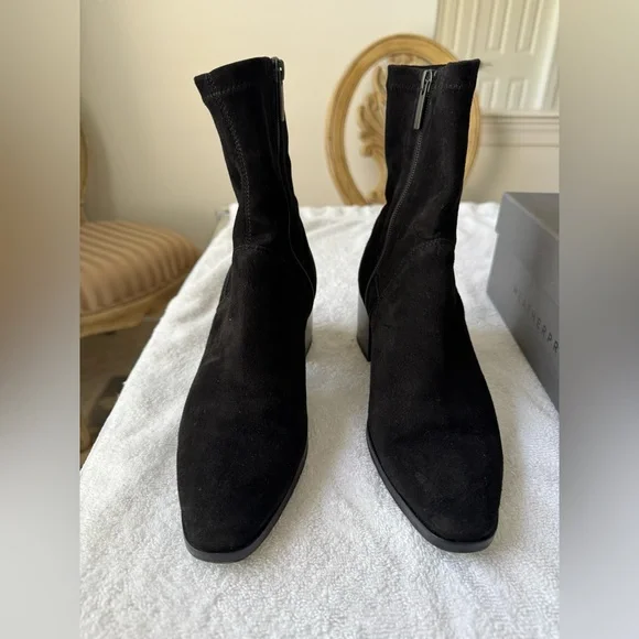 Aquatalia Tia Weatherproof Stacked Heel Stretch Black Suede Booties Ankle Boots - Picture 3 of 8